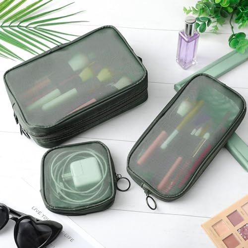 Weewooday 4 Pcs Mesh Makeup Bag Mesh Cosmetic Bag Travel Toiletry Pouch with Zipper Mini Portable Makeup Cosmetic Toiletry Purse for Daily Accessories (White,Small)(Small, Large, Medium,Olive Green)