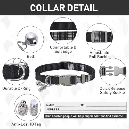 GAMUDA Dog Harness, Collar and Seat Belt Set, Vehicle Safety Harness, Retractable Adjustable Pet Seatbelts with Travel Strap and Carabiner for Most Cars (Black, L)