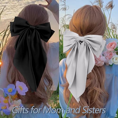 Velscrun Hair Bows for Women Girls 4Pcs White Silky Hair Bow Navy Blue Satin Large Coquette Bow Grey Big Hair Bows Clip Oversized Hair Ribbons Long Tail Black Bow Hair Barrettes Hair Accessories Gifts