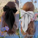 Velscrun Hair Bows for Women Girls 4Pcs White Silky Hair Bow Navy Blue Satin Large Coquette Bow Grey Big Hair Bows Clip Oversized Hair Ribbons Long Tail Black Bow Hair Barrettes Hair Accessories Gifts