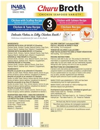 INABA Churu Broth for Cats, Creamy Broth with Shredded Chicken Side Dish Pouch, 1.4 Ounces per Pouch, 12 Pouches, Chicken & Seafood Variety