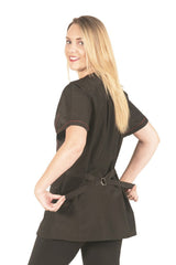Ladybird Line 825 Fashionable Red Zipper Grooming Smock, Front Piping Accent Detail. Water, Hair, and Bleach Resistant, Solid Back, and Back Tie Belt - Ideal for Pet Groomers and Hair Stylists - L