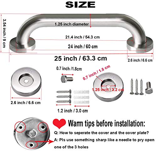 2 Pack 24 Inch Shower Grab Bar, ZUEXT Satin Brushed Nickel Stainless Steel Bathroom Grab Bar, Shower Balance Bar,Safety Hand Rail Support,Handicap Elderly Senior Assist Bath Handle(1.25" Diameter)