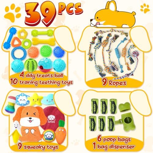 KIPRITII Puppy Toys for Teething - 39 Pack Exclusive Puppy Chew Toys with Rope, Dog Treat Balls & Bottle Holder