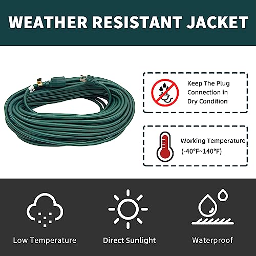 HONDERSON 75FT Outdoor Extension Cord-16/3 SJTW Durable Green Extension Cable with 3 Prong Grounded Plug for Safety,Great for Outside Christmas Decorations