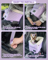 PETSFIT Cat Car Seat with Safe Protection Hooks, Center Console Dog Car Seat with Upgraded Safety Tethers, Washable Cushion, Dog Car Seats for Small Dogs Up to 9 Lbs (Purple)