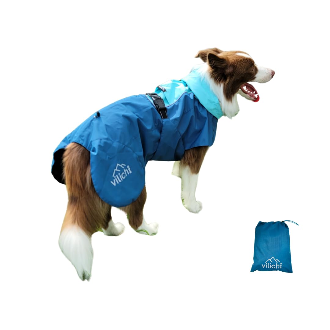 Vilichi Dog Raincoat, Waterproof Jacket, Windproof & Lightweight Outdoor Rain Coat, Body Coverage Poncho,with Storage Bag, Blue, for Medium Breed (Large)