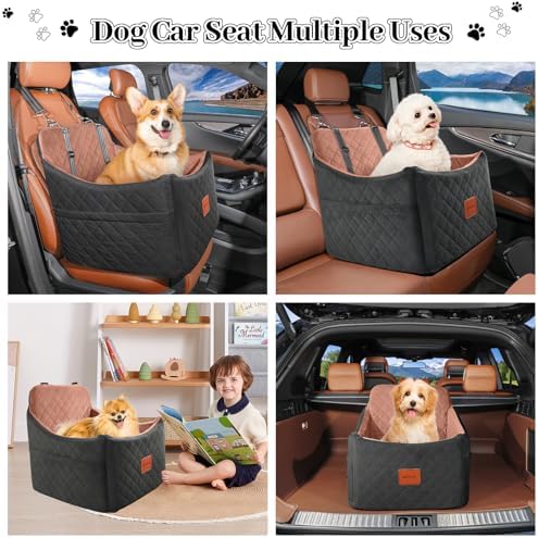 Dog Car Seats for Small/Medium Dogs Up to 35 lbs – Portable Memory Foam Dog Seat for Car with Anti-Slip Design, 2 Adjustable Safety Leashes & Storage Pockets(Black/Brown, Medium)
