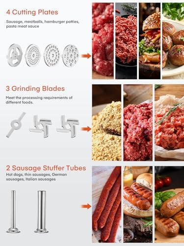 Stainless Steel Meat Grinder Attachment for KitchenAid Stand Mixer, Meat Grinder for Kitchen Aid Included 4 Grinding Plates, 2 Sausage Stuffer Tubes, 2 Grinding Blades, Food Meat Processor Accessories