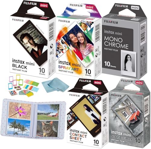 Fujifilm instax Mini Instant Film (50 Exposures: 10 of Each) Black Frame, Spray Art, Monochrome, Contact Sheet, Stone Gray Variety Pack + BluebirdSales Accessories Bundle + Black Photo Album