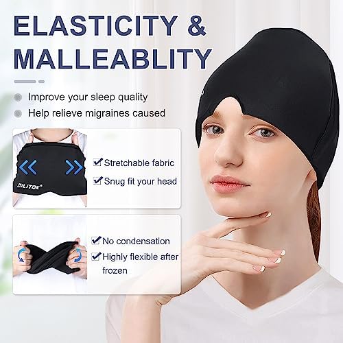 Migraine Relief Gel Ice Head Wrap, Hot and Cold Therapy Headache Relief Hat, Migraine Cap for Puffy Eyes, Headache Eyes Mask for Sinus, Tension and Stress Relief (Black & Blue)