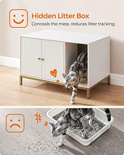 Feandrea Litter Box Enclosure, Modern Cat Litter Box Furniture Hidden, with Scratching Mat, Tall Legs, Cat House, Side End Table, 31.5 x 19.7 x 21.7 Inches, White and Gold UPCL007W01