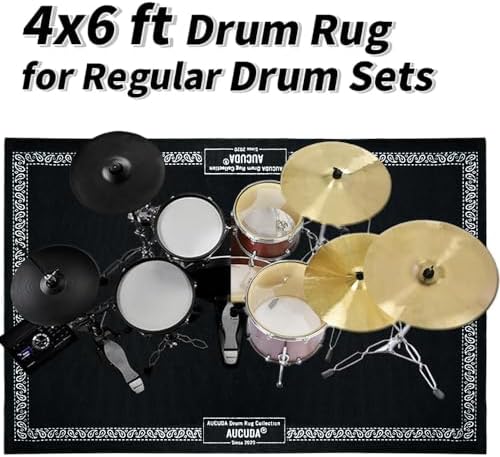 Aucuda Drum Rug Mat with Paisley Border 4x6ft Tightly Woven Fabric Cool Drum Floor Mat, Electric Drum Set Carpet Accessories for Christmas Holiday Practice, Apartment, Soundproof, Winter.
