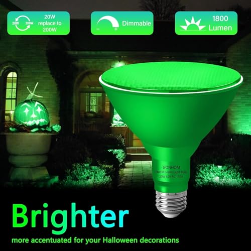 Gonhom 2 Pack PAR38 Green Flood Lights Outdoor,Dimmable Flood Green Light Bulb,20W(Equivalent to 200W),E26 Base Green LED Light,Christmas Light Bulbs,Outdoor Porch,Holiday Lighting,Flood Light Bulb