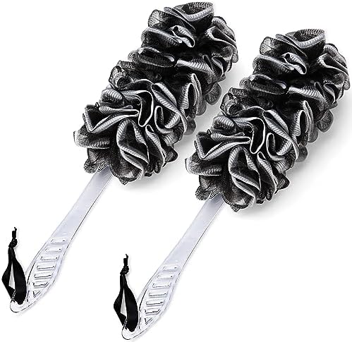 2Pack Back Scrubber for Shower, Dual-Sided Loofah on a Stick as Shower Brush Exfoliating Body with Long Handle, Loofah Sponge Mens Loofah Bathing Accessories for Women (2Pack Black)