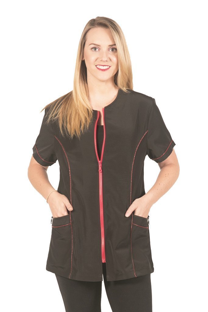 Ladybird Line 825 Fashionable Red Zipper Grooming Smock, Front Piping Accent Detail. Water, Hair, and Bleach Resistant, Solid Back, and Back Tie Belt - Ideal for Pet Groomers and Hair Stylists - L