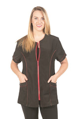 Ladybird Line 825 Fashionable Red Zipper Grooming Smock, Front Piping Accent Detail. Water, Hair, and Bleach Resistant, Solid Back, and Back Tie Belt - Ideal for Pet Groomers and Hair Stylists - L