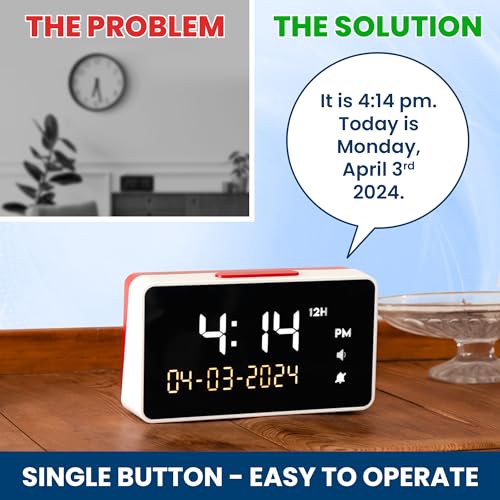 Talking Clock - Extra Loud Time and Date - for Elderly, Dementia, Hearing or Visually Impaired Seniors - Easy to Use Speaking Clock - Clear Neutral Male Voice