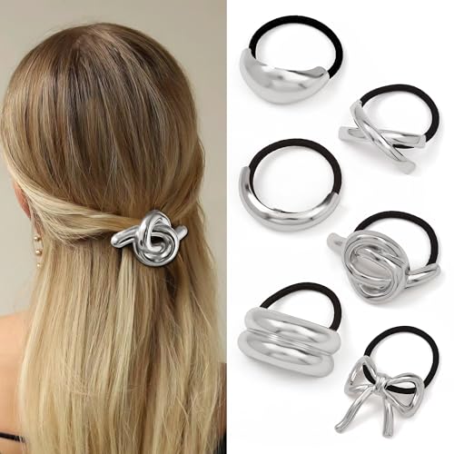 Hair Ties for Women, Sliver Metal Hair Cuffs Hair Accessories Elastic Hair Ties Ponytail Cuff Hair Bands for Both Thick Hair and Thin Hair
