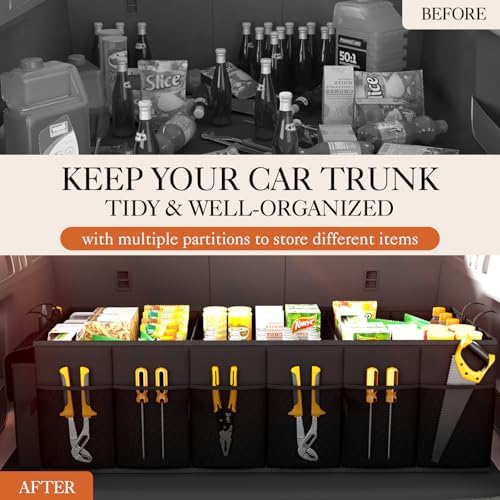 HOTOR Trunk Organizer for Car - Car Organizer, Foldable Trunk organizer for SUVs & Sedans, Sturdy Car Organization for Car Accessories, Tools, Sundries, Black, 3 Compartments, 31.9"×12.6"×10.6"
