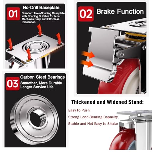 3 inch Heavy Duty Casters Load 2000lbs, Lockable Bearing Plate Caster with Brakes, 360-degree Swivel for Furniture and Workbench Cart, Set of 4 (Includes Complete Screw Set with Accessories)