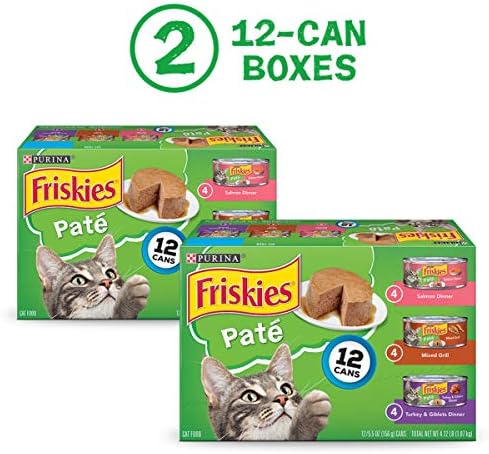 Purina Friskies Wet Cat Food Pate Variety Pack Salmon Dinner, Turkey and Giblets Dinner and Mixed Grill - (2 Packs of 12) 5.5 oz. Cans