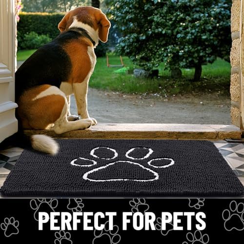 Smiry Dog Door Mat for Muddy Paws, Absorbent Dirt Trapper Non Slip Quick Dry Washable Chenille Mat for Mud Dogs, Entry Rug for Indoor and Outdoor (70x24 Inches, Black)