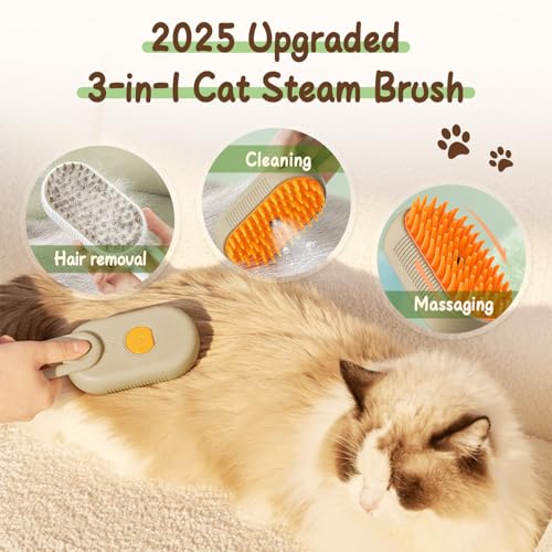 2025 New Comb for Cats Dogs, 3 in 1 Steam Cat Brush Cat Steam Brush for Shedding & Grooming, Self Cleaning 3 in 1 Pet Brush Pet Grooming Brush with Spray (Khaki+White)