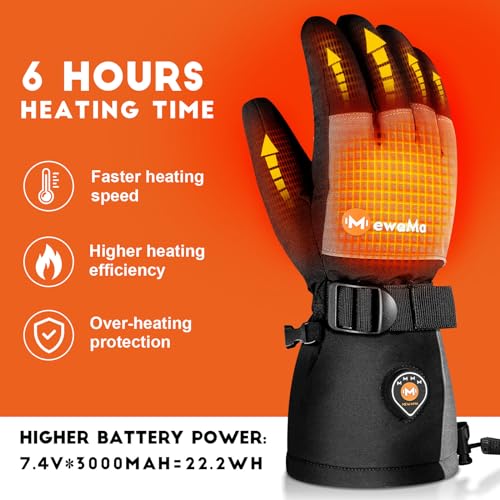 MewaMaA Heated Gloves for Men Women 7.4V Battery 22.2WH Rechargeable Heated Ski Gloves Touchscreen Waterproof Electric Heated Gloves for Winter Outdoor Work Skiing Hiking Camping Raynaud (M)