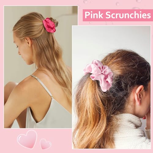 Satin Scrunchies Set of 12 - Elastic Silk Bubble for Girls, Pink Hair Accessories and Valentine's Day Gifts