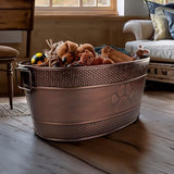 BREKX Indestructible Metal Dog Toy Bin - Copper Galvanized Storage Bin with Handles, Dog Toy Box for Dog Chew Toys, Blankets, & Leashes, Paw Pet Toy Box (25-Quart)