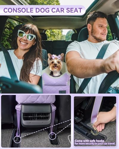 PETSFIT Cat Car Seat with Safe Protection Hooks, Center Console Dog Car Seat with Upgraded Safety Tethers, Washable Cushion, Dog Car Seats for Small Dogs Up to 9 Lbs (Purple)