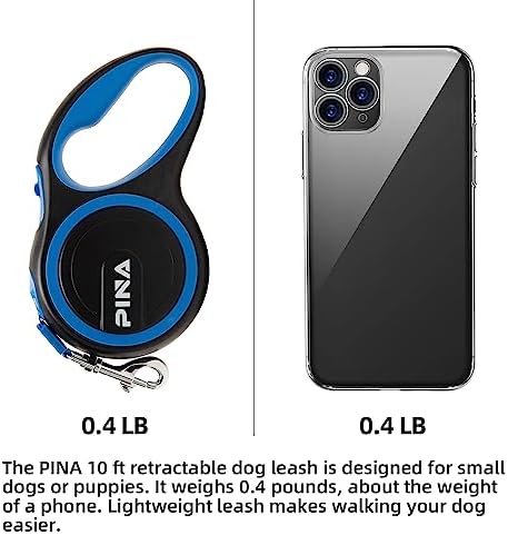 PINA Retractable Dog Leash, 10ft Dog Leash for Small Dogs Up to 33lbs, 360° Tangle-Free Strong Reflective Nylon Tape, with Anti-Slip Handle, One-Handed Brake, Lock - Black Blue