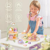 Wooden Tea Party Set for Little Girls Toddler Tea Set with Cupcake Stand & Food Dessert, Play Kitchen Accessories for Toddlers 2 3 4 5 6 Years Old, Wooden Toys Birthday Kids Girls Gifts 3-6