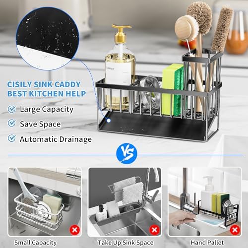 Cisily Sink Caddy, Sponge Holder for Kitchen Sink, Kitchen Sink Organzier with High Brush Holder, Rustproof Stainless Kitchen Gadgets Sink Accessories, Organizadores de Cocina, Patent 1038566S