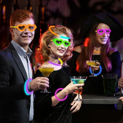 20 Pack Valentines Day Glow Heart Glasses Party Favor Supplies with 80 Glow Sticks & Connectors (for 20 Neon Glasses, 40 Bracelets or 13 Necklaces), Glow in Dark Accessories for Wedding Dance Camping