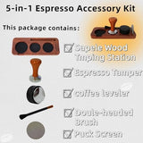 Espresso Machine Accessories,5pcs Espresso Tamper Kit,54mm Coffee Tamper Fits Breville Espresso Machine Portafilters Tools Set,Sapele Wood Tamping Station with Tamper,Leveler,Brush and Puck Screen
