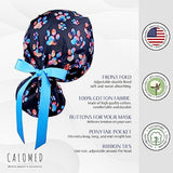 Scrub Cap for Women and Men, Ponytail Scrub Caps, Working Hat, Head Cover with Ribbon Ties and Buttons, Long Hair