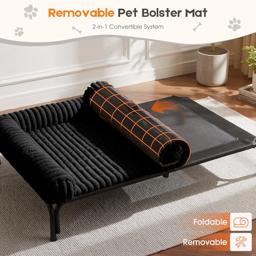 Elevated Dog Bed with Removable Fluffy Pillow Cushion, Raised Pet Cot Washable Bolster, Dog Couch Sofa, Anti Slip Feet, Matte Black, 36"×26"
