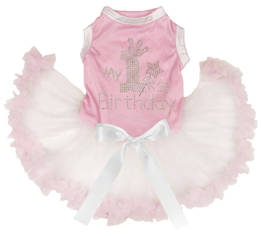 Petitebella Pink Rhinestones My 1st Birthday Puppy Dog Dress (Pink/Beige, X-Small)