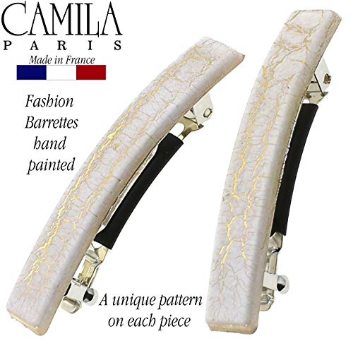 Camila Paris CP3029 French Hair Barrette Clip for Girls, Set of 2 White Rubberized Metal Clasp Strong Hold Grip Hair Clips for Women, No Slip Durable Styling Girls Hair Accessories, Made in France