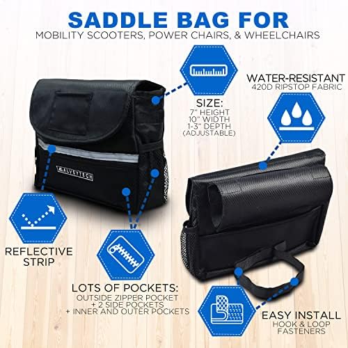 AlveyTech Saddle Bag for Mobility Scooter, Wheelchair, & Electric Power Chair (Small, Black) - Accessories Holder Armrest Side Pouch Storage Organizer Bags for Adults, Water-Resistant, Easy Install