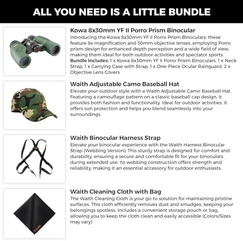Kowa 8x30 YF II Porro Prism Lightweight Binoculars for Bird Watching, Hiking with Waith Adjustable Baseball Hat (Camo),Waith Binocular Harness Strap and Waith Microfiber Cleaning Cloth (Bundle Kit)