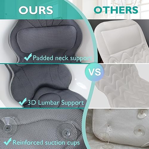 Luxury Thick Full Body Bath Pillows Mat & Cushion for Bathtub Headrest Neck Shoulder Support Comfort Relaxation Spa Accessories Perfect for a Spa Soak in Bathtub (Gray)