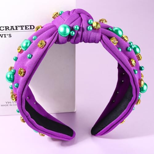 Mardi Gras Hairband for Women Purple Pearl Rhinestone Knotted Headband Carnival Parade Party Hair Accessories