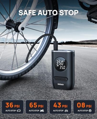 Tire Inflator Portable Air Compressor-ZGZUXO 150PSI Cordless Air Pump for Car Tires with Pressure Gauge LED Light, Electric Bike Tire Pump for Car Motorcycle Bicycle Ball, Bike Accessories