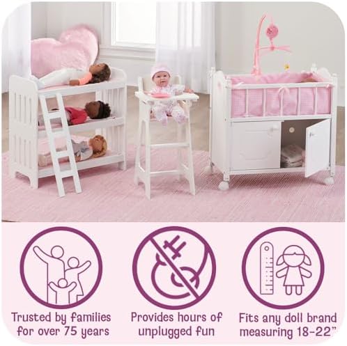 Badger Basket Wooden Doll High Chair with Feeding Tray, Bib, Personalization Kit, and Accessories - Fits 18-Inch Dolls, White with Pink Gingham Seat for Pretend Play