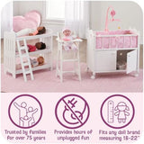 Badger Basket Wooden Doll High Chair with Feeding Tray, Bib, Personalization Kit, and Accessories - Fits 18-Inch Dolls, White with Pink Gingham Seat for Pretend Play