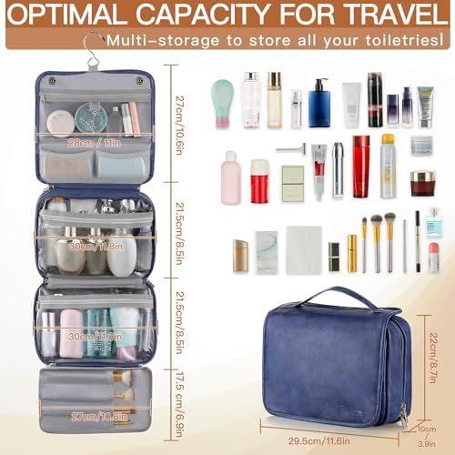 Elviros Toiletry Bag Hanging Travel Organizer for Men and Women, 3 in 1 Multifunctional Large Makeup Cosmetic Case for Toiletries Accessories, Water-resistant PU Leather Bathroom Dopp Kit Shaving Bag