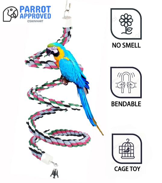94.4inch Length Colorful Cotton Bendable Rope Perch Swing Bird Chew Toys Amazon Parrots Cage Toys with Bell Swing Climbing Standing Bungee Bird Toys for Regular to Big Size Birds